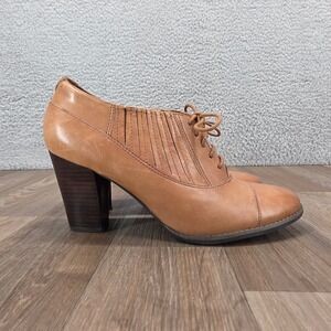 Clarks Women Tan Leather Lace Up Block Heel Ankle Booties Shoes Size 10M